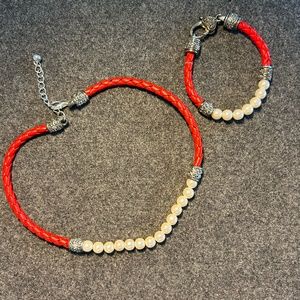 Honora red leather and pearl necklace and bracelet set